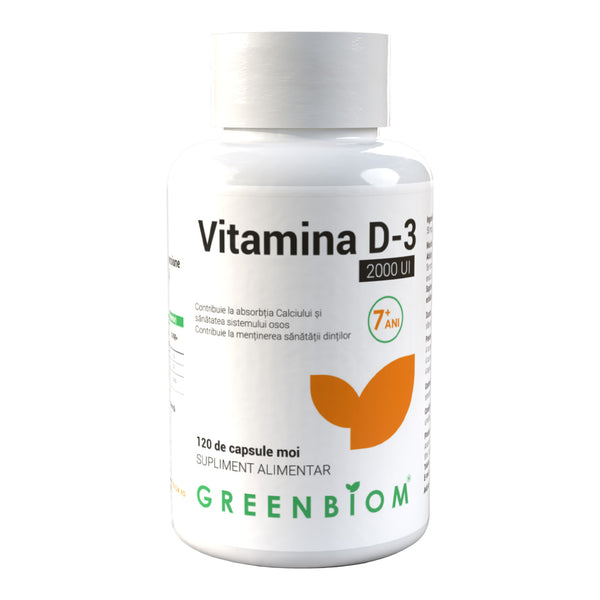 Vitamina D3 2000 UI pentru imunitate și sănătatea oaselor – capsule moi, vegetal, 120 capsule